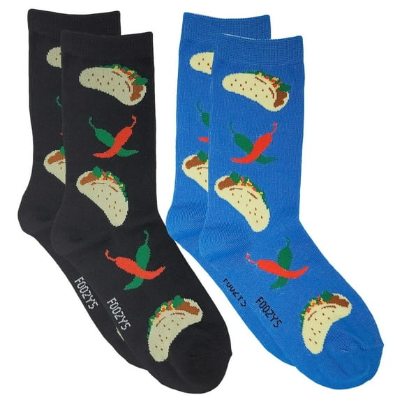 Foozys Small/Medium Novelty Crew Socks | Taco Time Cute, Fun and Makes a Great Gift! | 2 Pair (Black & Blue) | Women’s Shoe Size 4-10