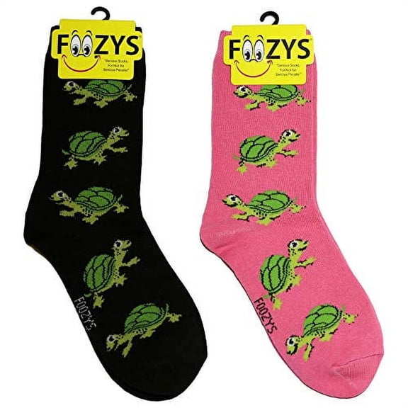 Foozys Small/Medium Novelty Crew Socks | Turtles Cute, Fun & Makes a Great Gift! | 2 Pair (Black & Pink) | Women’s Shoe Size 4-10