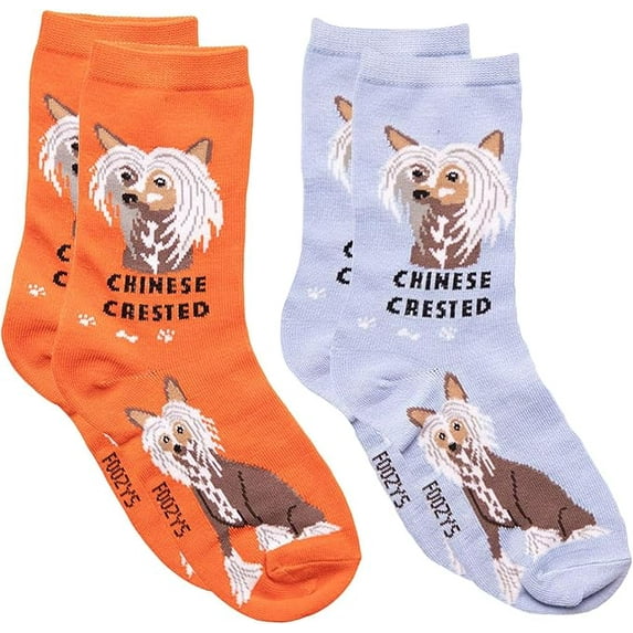 Foozys Unisex Crew Socks | Canine Small Dog Breed Novelty Socks (2 Pair) (Chinese Crested)