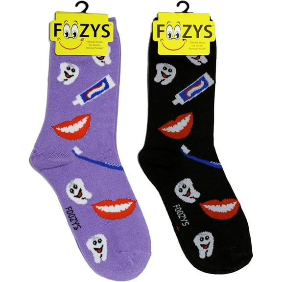 Foozys Women Crew Socks | Happy Brushing Fun Designs Novelty Socks | 2 Pair
