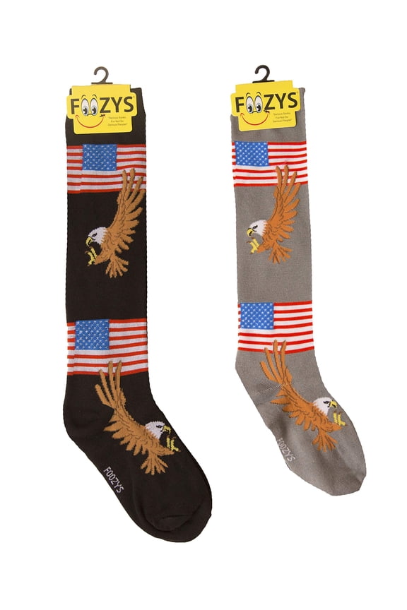 Womens Novelty Knee High Socks | American Eagle and Flag (FK-35) Cute, Fun and Makes a Great Gift! |Two Pair (One Black & One Grey) | Womens US Shoe Size 4-10