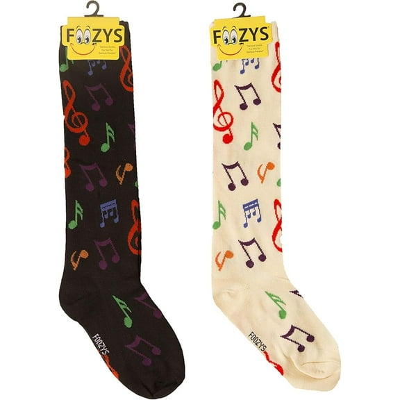 Foozys Womens Novelty Knee High Socks | Music Notes (FK-05) Cute, Fun and Makes a Great Gift! |Two Pair (One Black & One Cream) | Womens US Shoe Size 4-10
