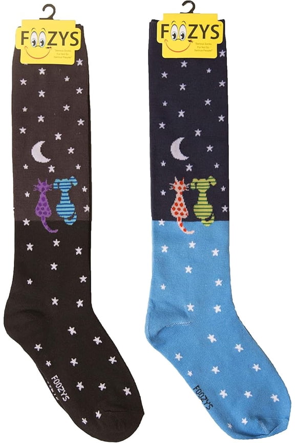 Womens Novelty Knee High Socks | Star Gazing Cat and Dog (FK-01) Cute, Fun and Makes a Great Gift! |Two Pair (One Black & One Blue) | Womens US Shoe Size 4-10