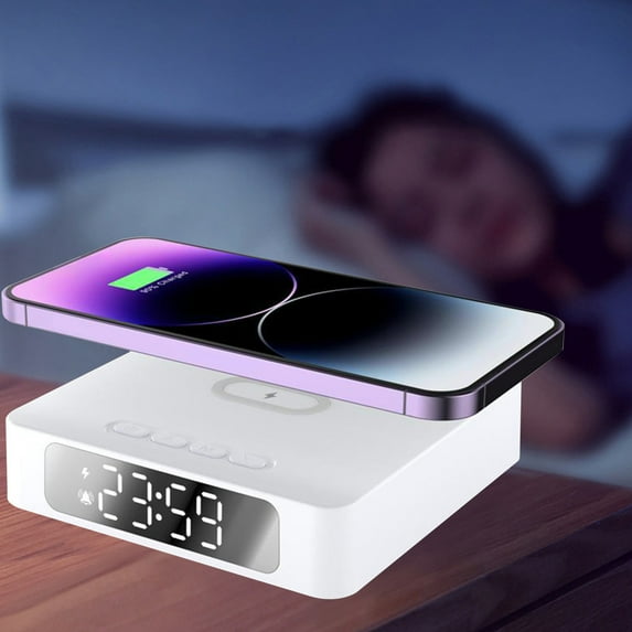 Foqnuq 15W Wireless Charging Alarm Clock Multi-functional Display with Magnetic Positioning for iOS and Android Devices, Safe and Convenient Use
