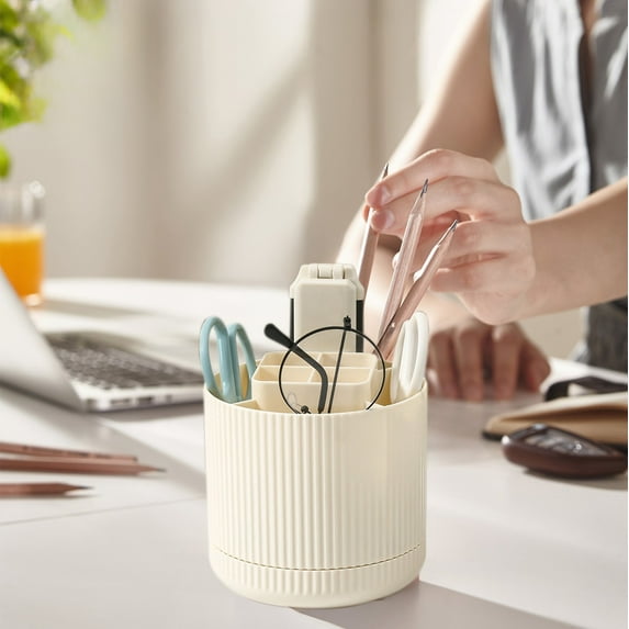 Foqnuq 360° Rotating Pen Organizer - Cute Desk Supplies, 8 Slot Pencil Holder, Stylish Office Storage, Makeup Brush Organizer, Non-Slip Base, White/Black