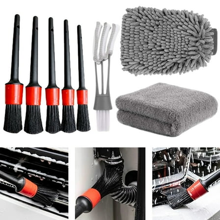 Foqnuq 8-Piece Car Detailing Brush Set + Cleaning Gloves & Towels - Interior & Exterior Auto Detailing Tools for Wheel, Engine Bay, & Crevice Cleaning