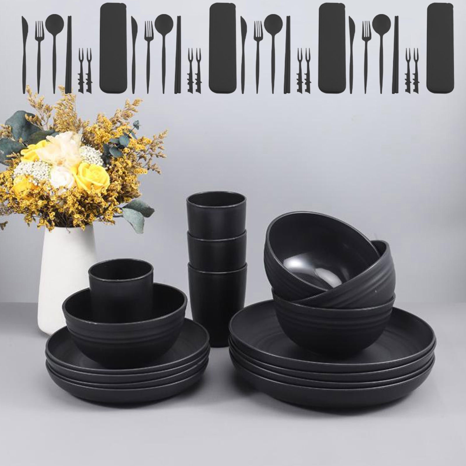 Foqnuq Black Barley Straw Polypropylene Tableware Set Plastic Dinner