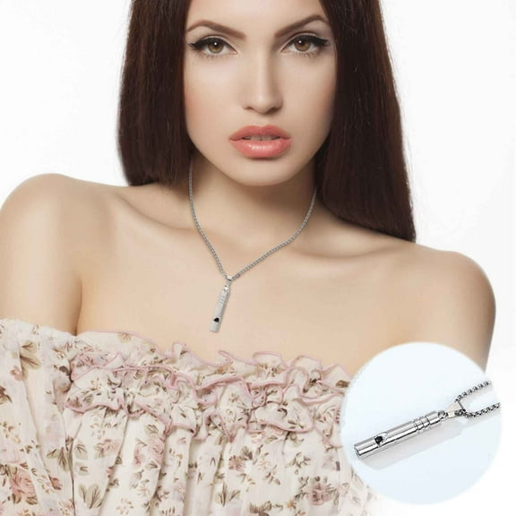 Foqnuq Blowable Whistle Necklace Pendant - Hip Hop Trend Jewelry - Long Stainless Steel Sweater Chain - Stress Relief Breathing Tool - Fashion Accessory