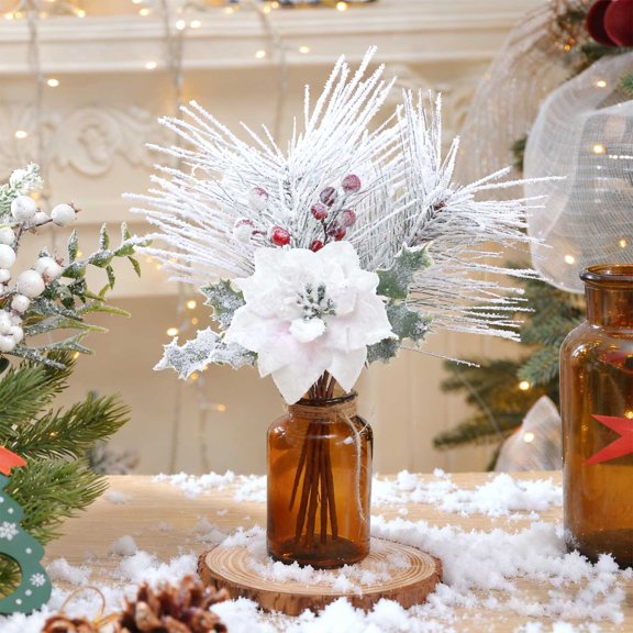 Foqnuq Christmas Faux Branch Arrangement with Berries and Ginkgo - Multicolor Plastic Floral Decor for Gift Box Decoration and Holiday Centerpieces