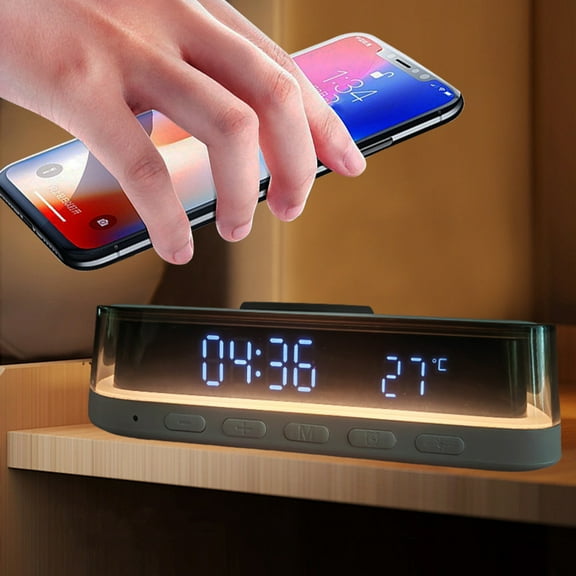 Foqnuq Multi-Functional Wireless Charger Alarm Clock with Night Light and Temperature Display, 15W Fast Charging for iOS and Android Devices