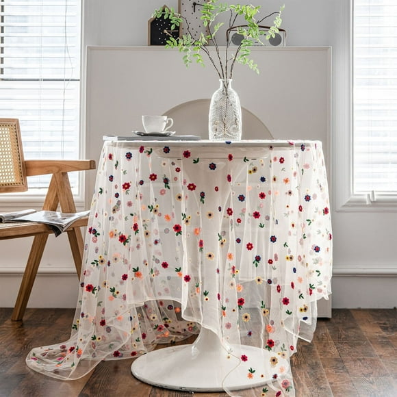Foqnuq Multicolor Floral Embroidered Lace Tablecloth, Decorative Rectangular Gauze for Weddings, Banquets, and Holiday Dinners