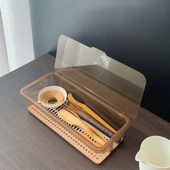 Foqnuq Transparent Lidded Chopstick & Utensil Holder, Draining Cutlery Storage Box with Removable Tray, Countertop Kitchen Teaware Organizer