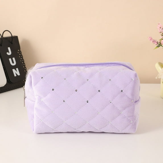 Foqnuq Velvet Sequin Makeup Bag - Zippered Cosmetic Case & Pencil Holder - Large Capacity Storage, Stylish Design for Stationery & Makeup Organization