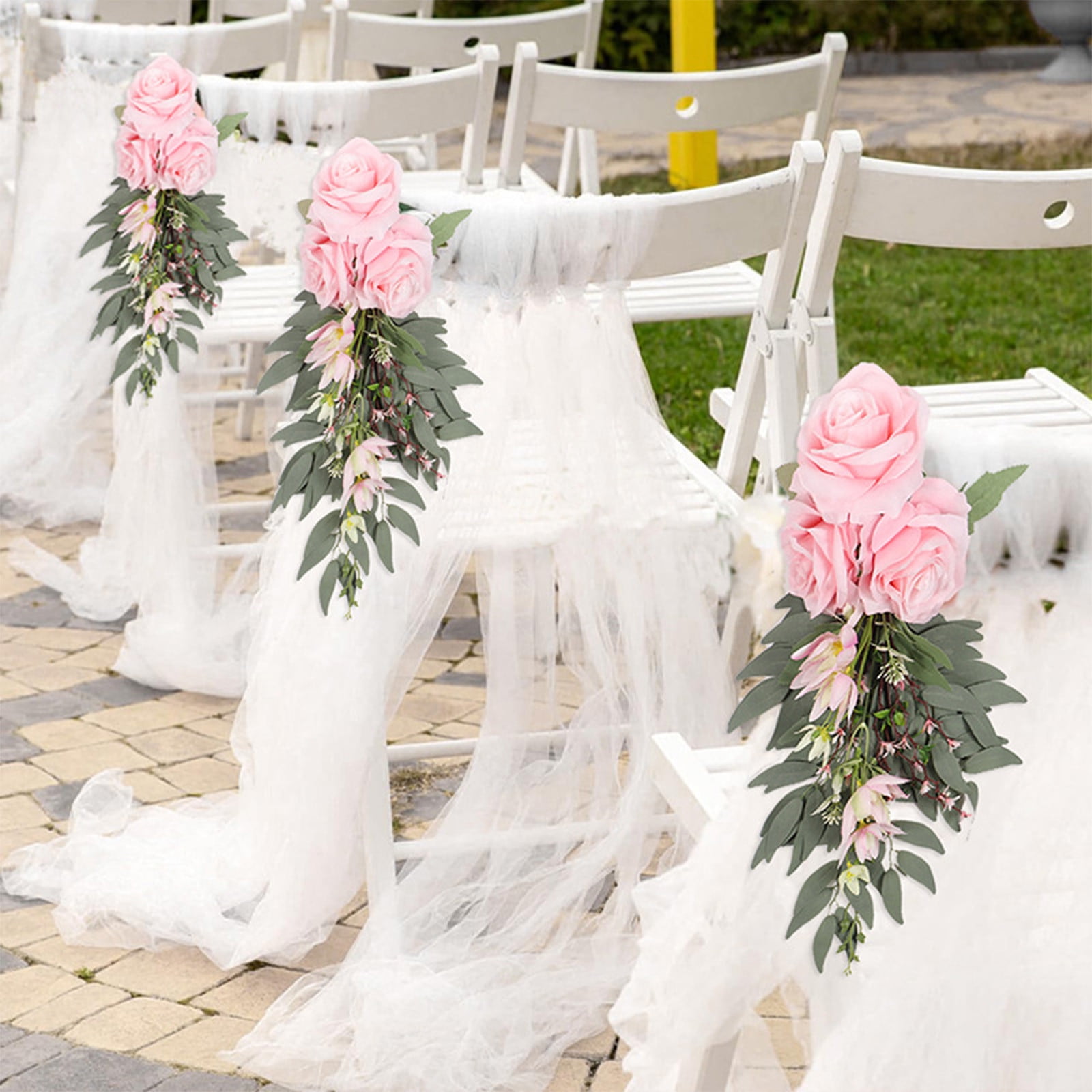 Foqnuq Wedding Chair Back Flowers, Silk Rose Floral Decorations with