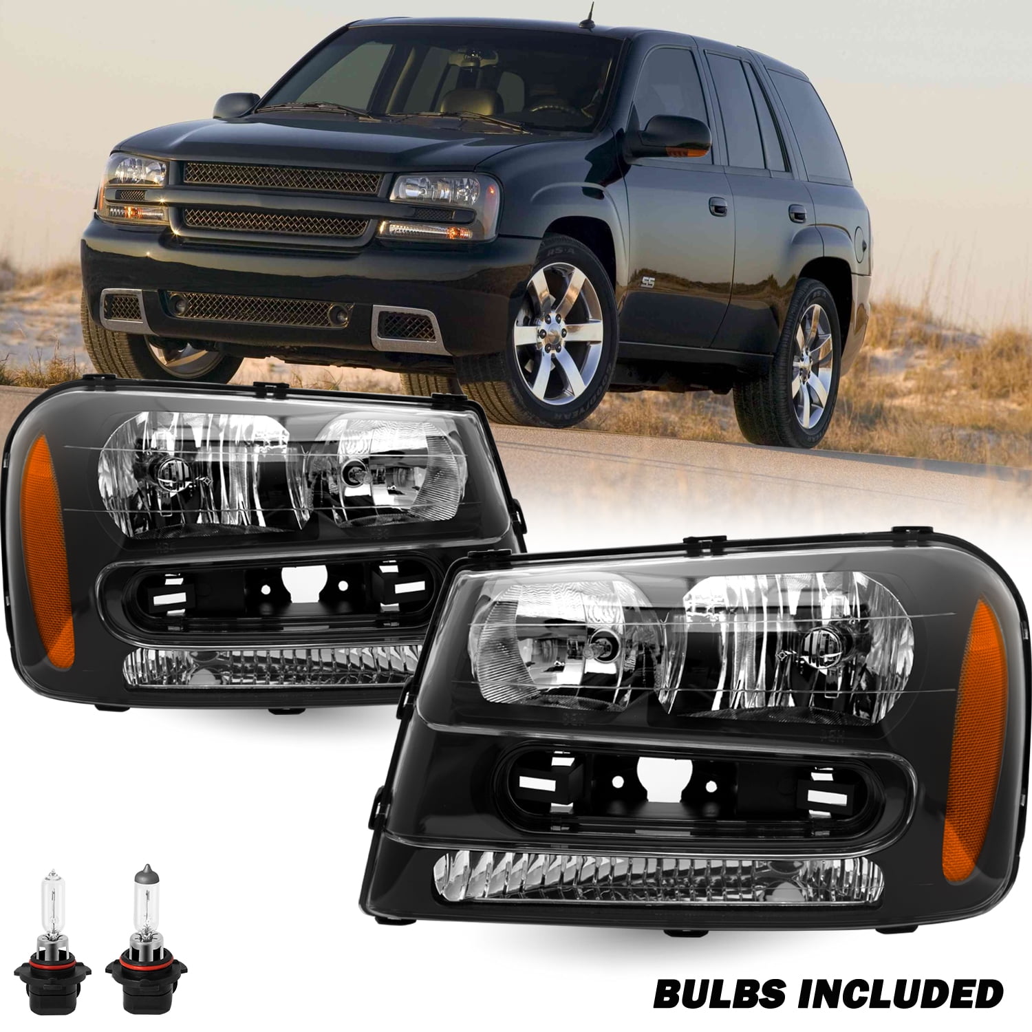 For 02-09 Chevy Trailblazer LS Black Housing Corner Headlights HeadLamps Pair