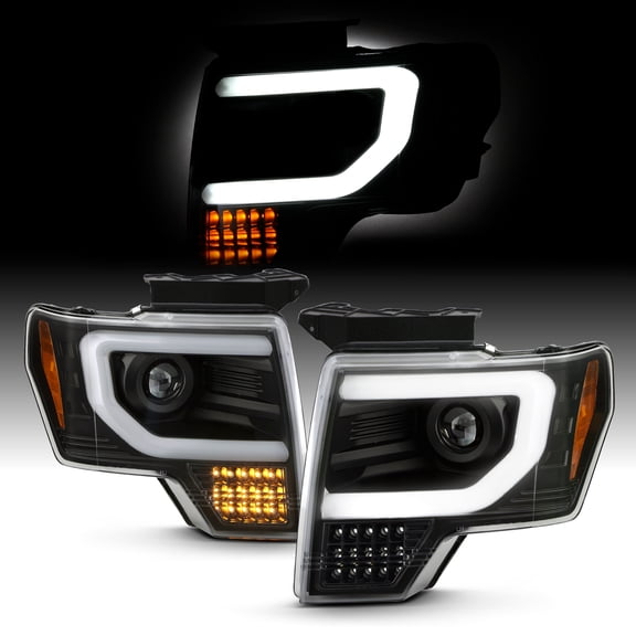 AKKON - Fits 2013-2014 Ford F-150 [HID/Xenon Type] Projector Black Headlights w/ LED Tube Bar Running + Sequential Signal Pair