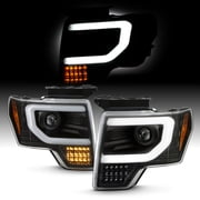 AKKON - Fits 2013-2014 Ford F-150 [HID/Xenon Type] Projector Black Headlights w/ LED Tube Bar Running + Sequential Signal Pair