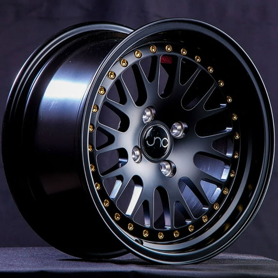 For 15x9 inch (1 Single Wheel Only) JNC Wheels - 15" JNC001 Matte Black w/ Gold Rivet Rim - 4x100/4x114.3 JNC Wheels-30427582988