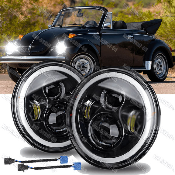 For 1950-1979 VW Beetle 2Pcs 7" Inch Round LED Headlights Hi/Low Beam DRL Black