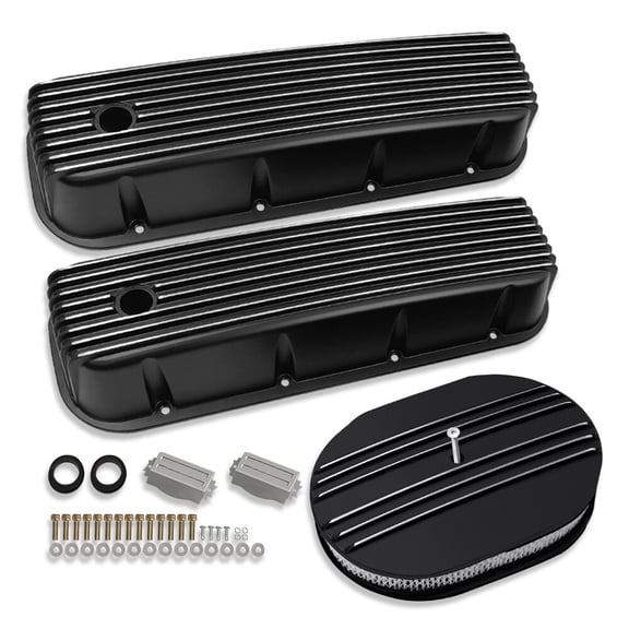 For 1965-95 BBC Chevy 396 454 Tall Finned Valve Covers & 12" Air Cleaner Black