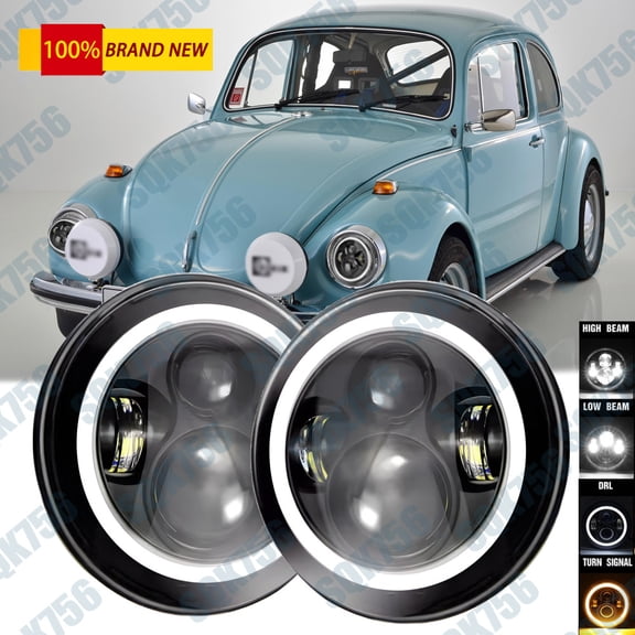 For 1967-1979 VW Beetle 7" INCH LED Headlight High Low Sealed Beam Halo Ring DRL