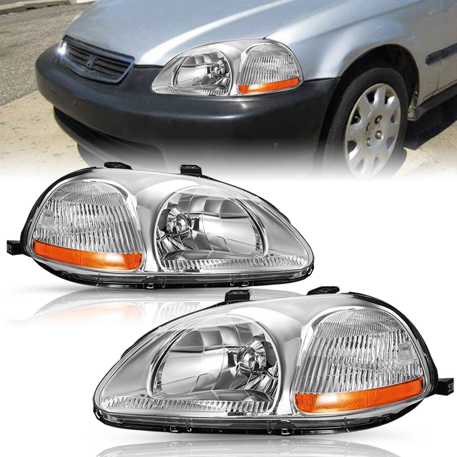 For 19961997 1998 Honda Civic EK EJ Chrome Headlights Assembly Headlamps L+R