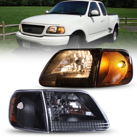 For 1997-2003 Ford F-150/2004 Ford F-150 Heritage/1997-1999 Ford F-250 LightDuty/1997-2002 Ford Expedition Black Headlight+Amber Corner Signal Lamp Set