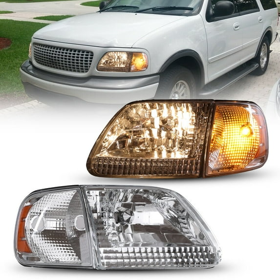 For 1997-2003 Ford F-150/2004 Ford F-150 Heritage/1997-1999 Ford F-250 LightDuty/1997-2002 Ford Expedition Chrome Headlight+Amber Corner Signal Lamp Set