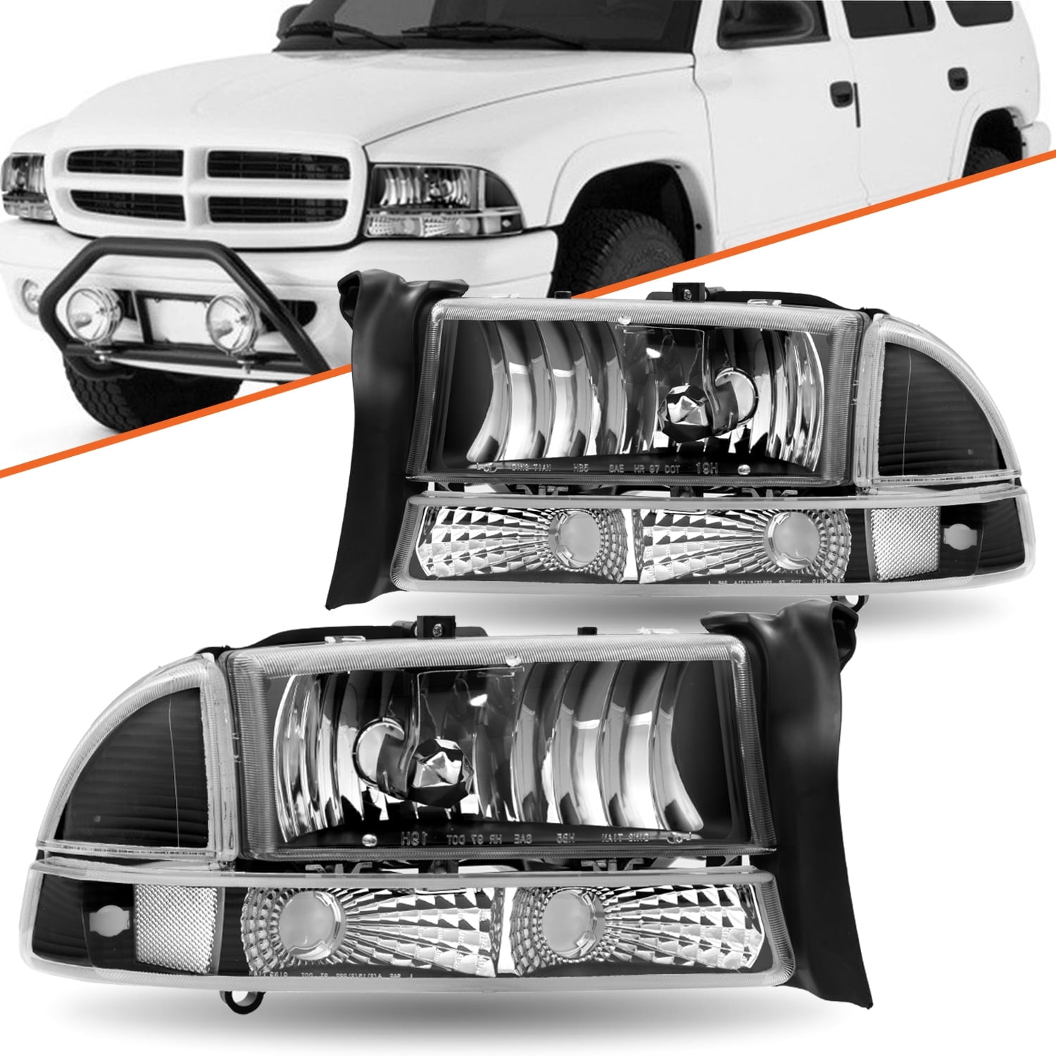 For 1997-2004 Dodge Dakota 1998-2003 Durango Black Clear Headlight Assembly Pair