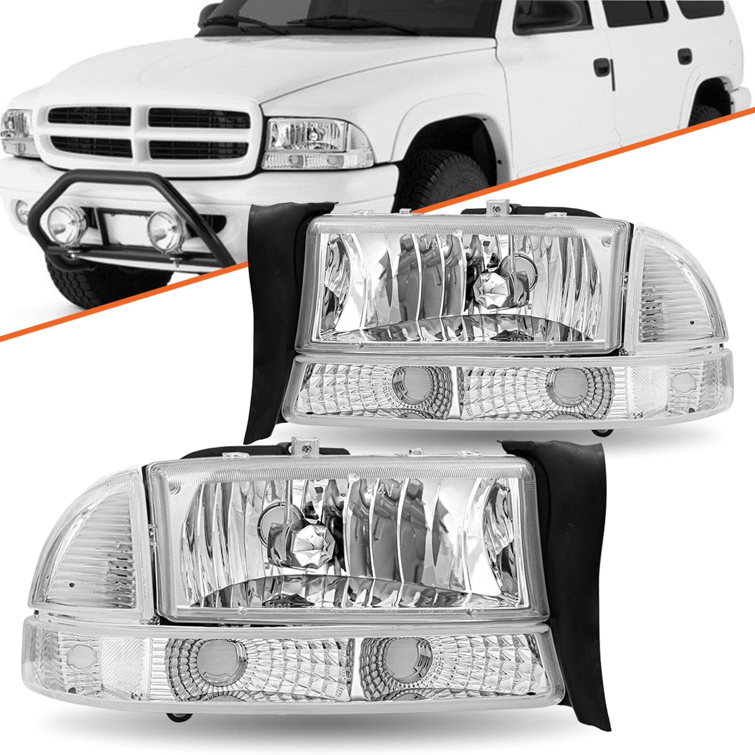 For 1997-2004 Dodge Dakota 1998-2003 Durango Chrome Clear Headlights Left+Right