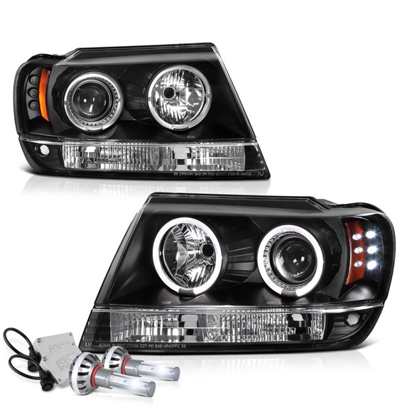 VIPMOTOZ LED Halo Ring Black Projector Headlight Lamp Assembly For 1999-2004 Jeep Grand Cherokee - LED Low Beam, Driver & Passenger Side