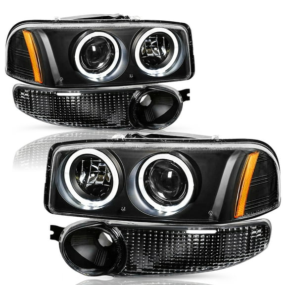 For 2000-2006 GMC Yukon Denali 4Pcs Black Projector Headlights+Bumper Lamps L+R