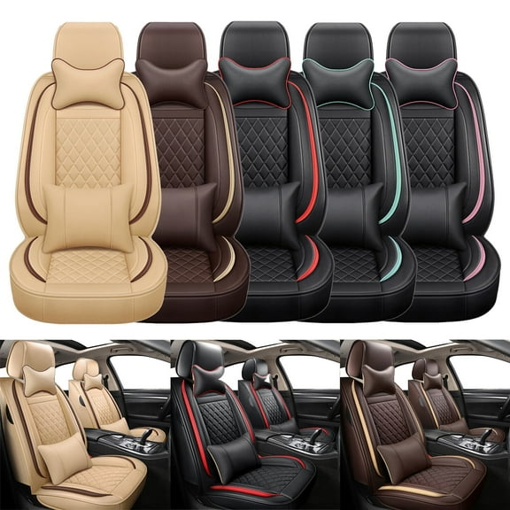 For 2000-2024 Subaru Crosstrek Car 5 Seat Covers Full Set w/ 4 Pillows Luxury PU Leather Cushion Protector Waterproof Beige
