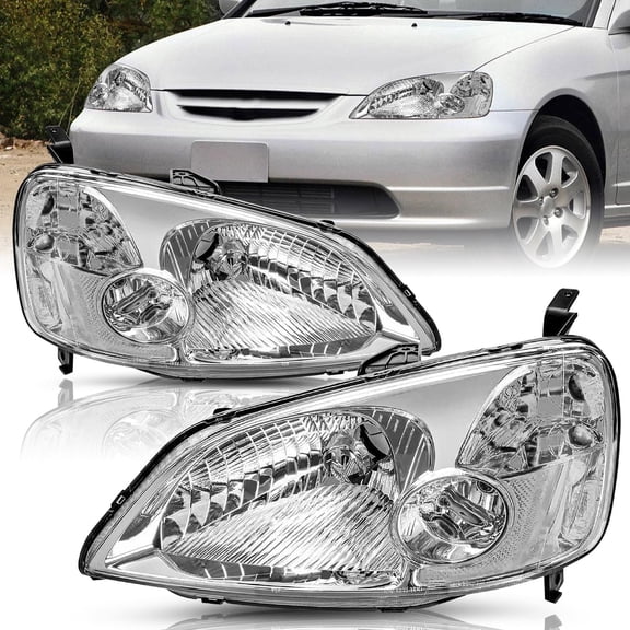 For 2001 2002 2003 Honda Civic Chrome Clear Headlights Assembly Pair L+R