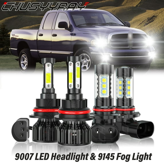 For 2002-2005 Dodge Ram 1500 2500 9007 LED Headlight + 9006 Fog Light 6000K White 4 Pack