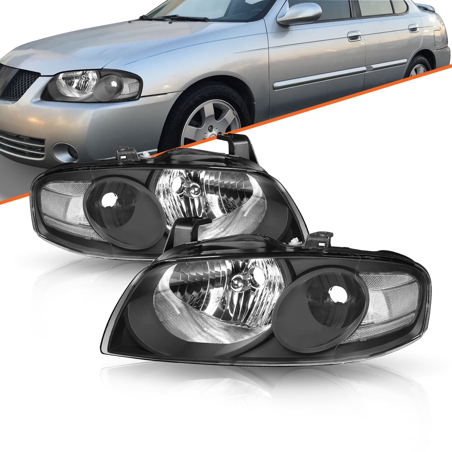 For 2004-2006 Nissan Sentra Sedan Black Headlights Assembly Clear Corner Lamps