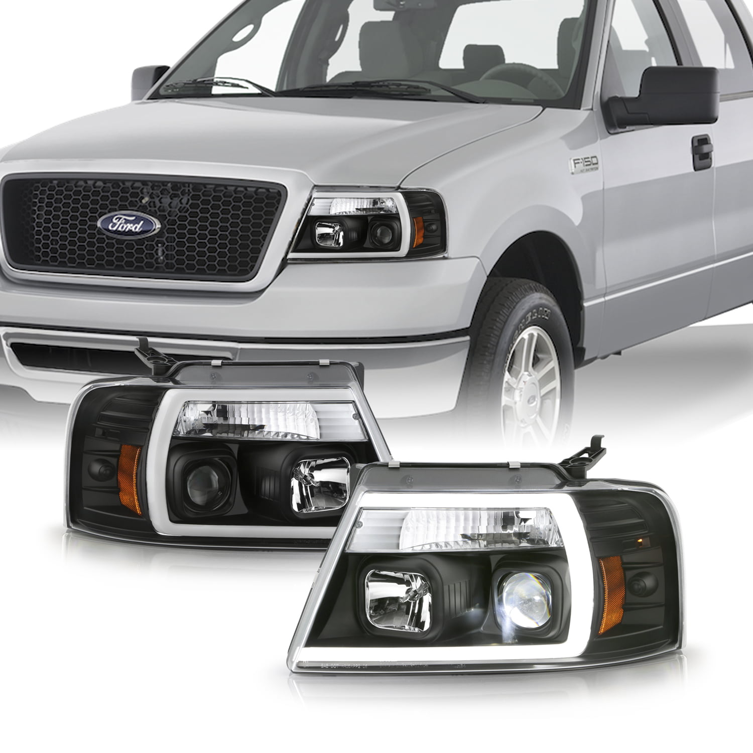 For 2004-2008 Ford F150 Pickup LED Parking Tube Projector Black Headlights  Pair