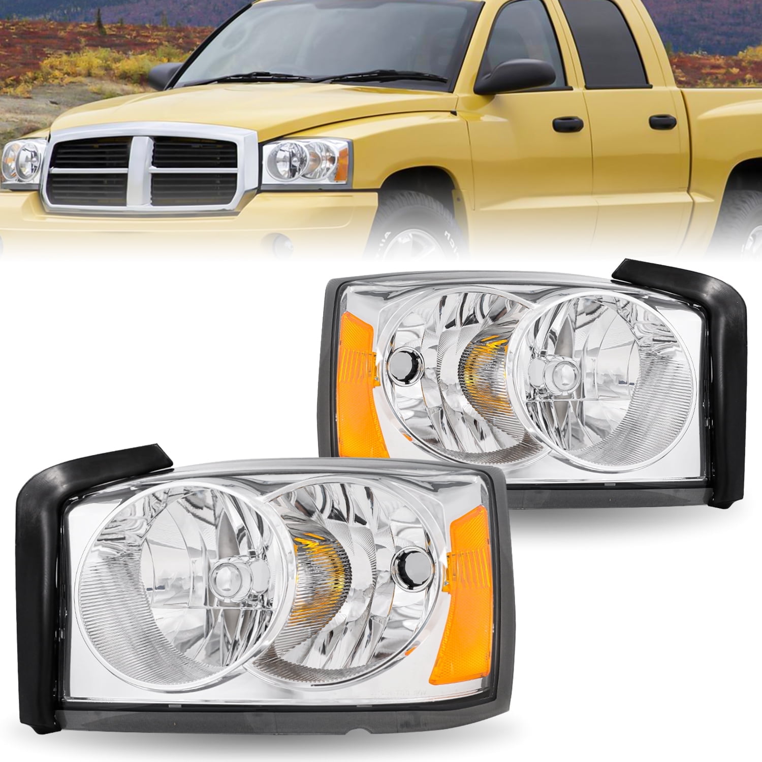 For 2005 2006 2007 Dodge Dakota Headlights  Amber Headlamp Left+Right 05-07