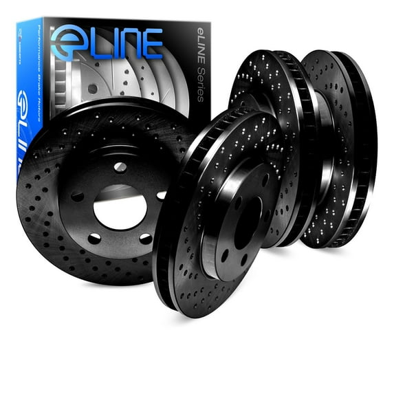 For 2005-2009 Land Rover LR3, Range Rover Sport R1 Concepts Front Rear Black Zinc Cross Drilled Brake Rotors