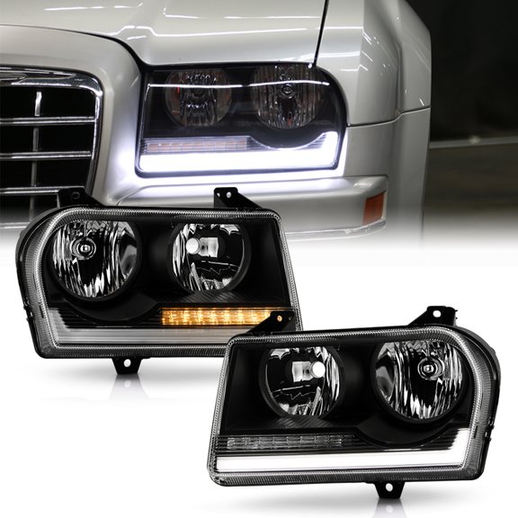 For 2005-2010 Chrysler 300 Black Halogen LED Tube w/Signal Headlights Headlamps