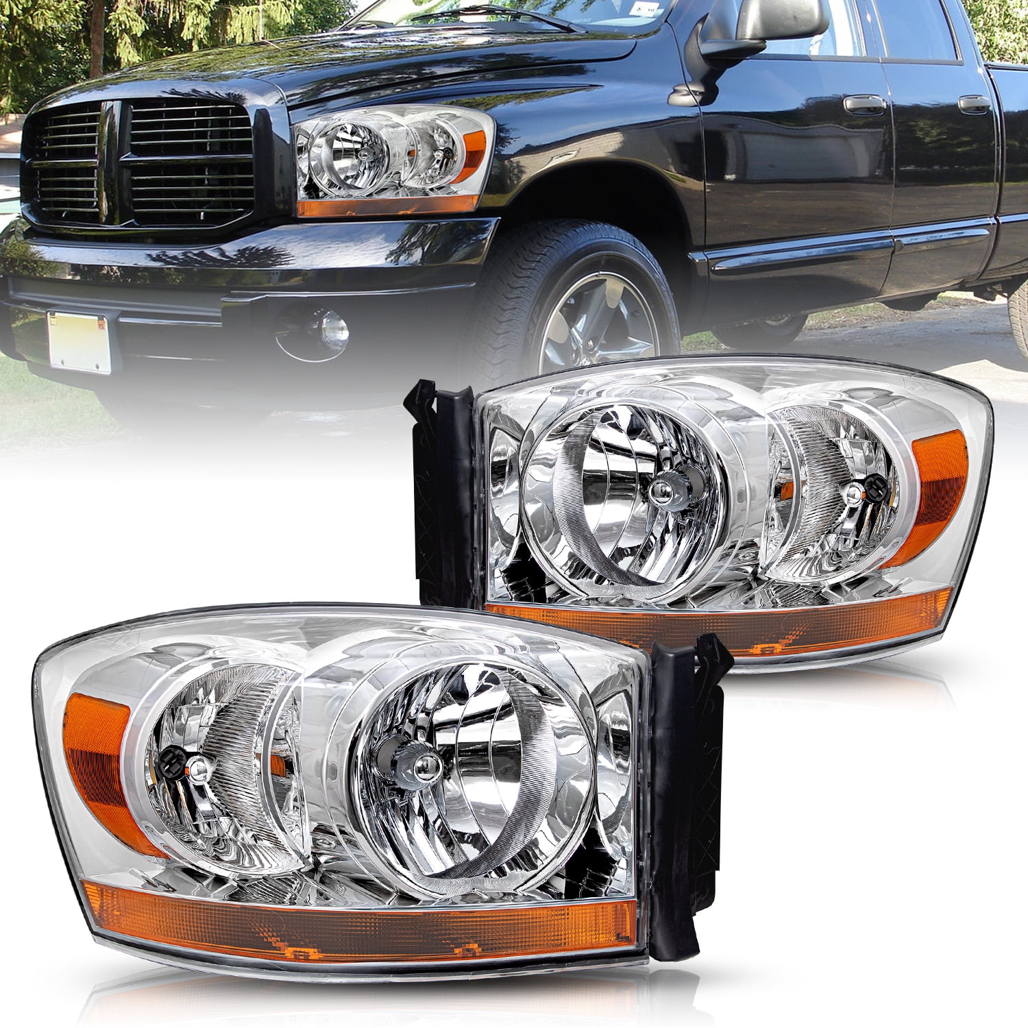 For 2006-2008 Dodge Ram 1500 2500 3500 w/Chrome Bezel Headlights Assembly Lamps