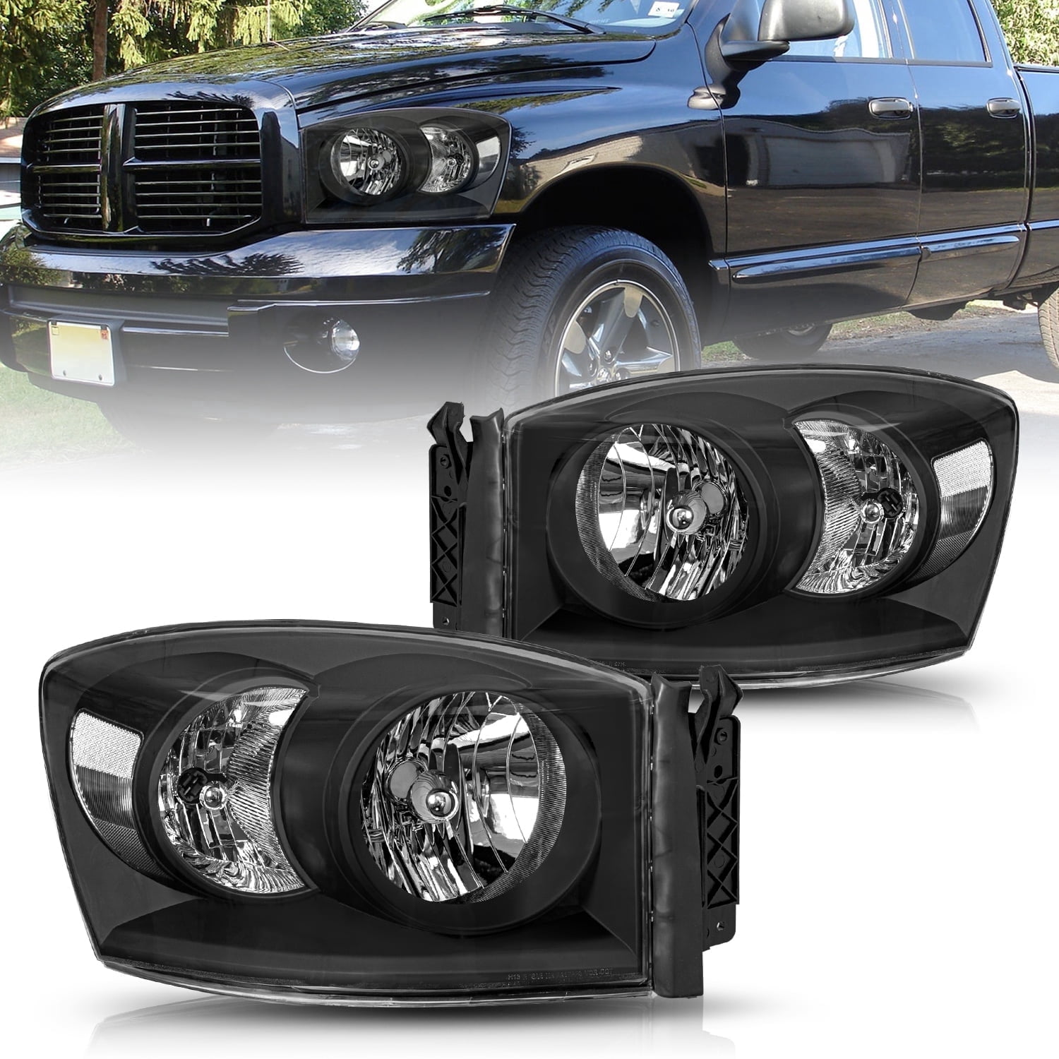 For 2006-2009 Dodge Ram 1500 2500 3500 Pair Headlights Black Clear Headlamps