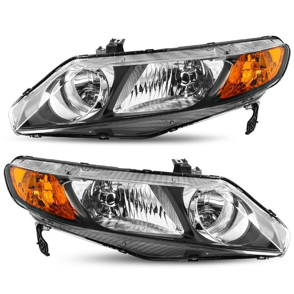 For 2006-2011 Honda Civic Sedan  Black Amber Headlights Assembly Left+Right