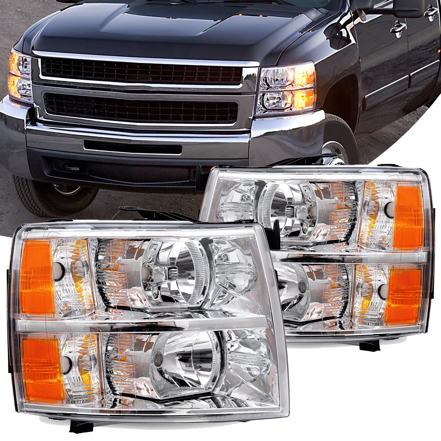 For 2007-2013 Chevy Silverado 1500 2500 HD Chrome Housing Headlights Left+Right