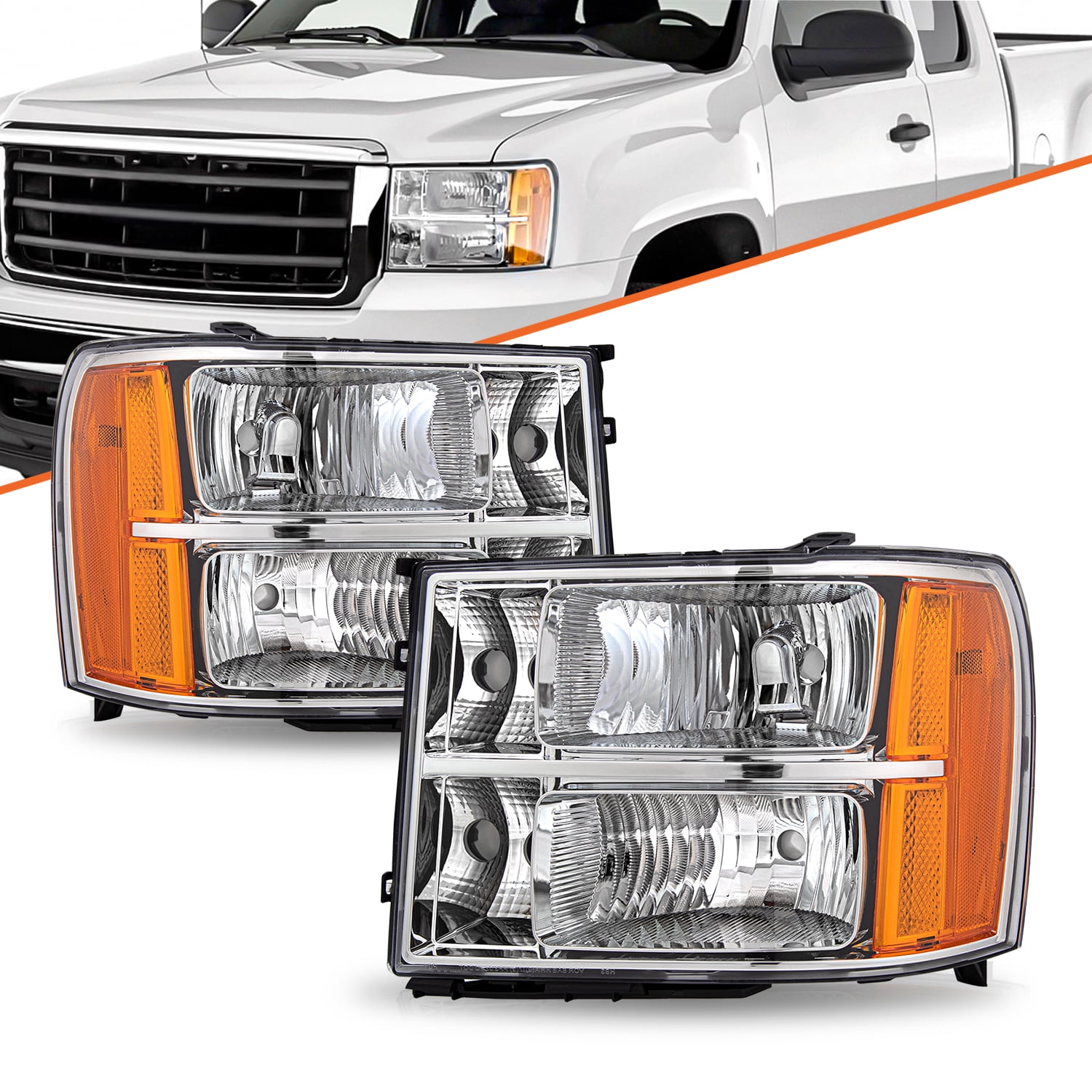 For 2007-2013 GMC Sierra 1500 2500HD 3500HD Halogen Chrome Amber Headlights L+R