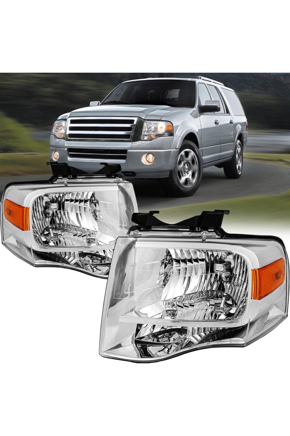 Halogen Headlights for 2007-2014 Ford Expedition, Chrome Amber