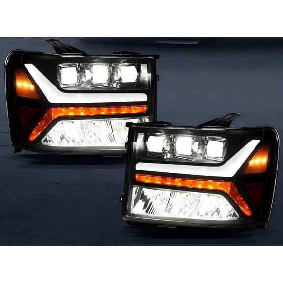 For 2007-2014 GMC Sierra Blk Full LED Sequential Tube Tri Projector Headlights