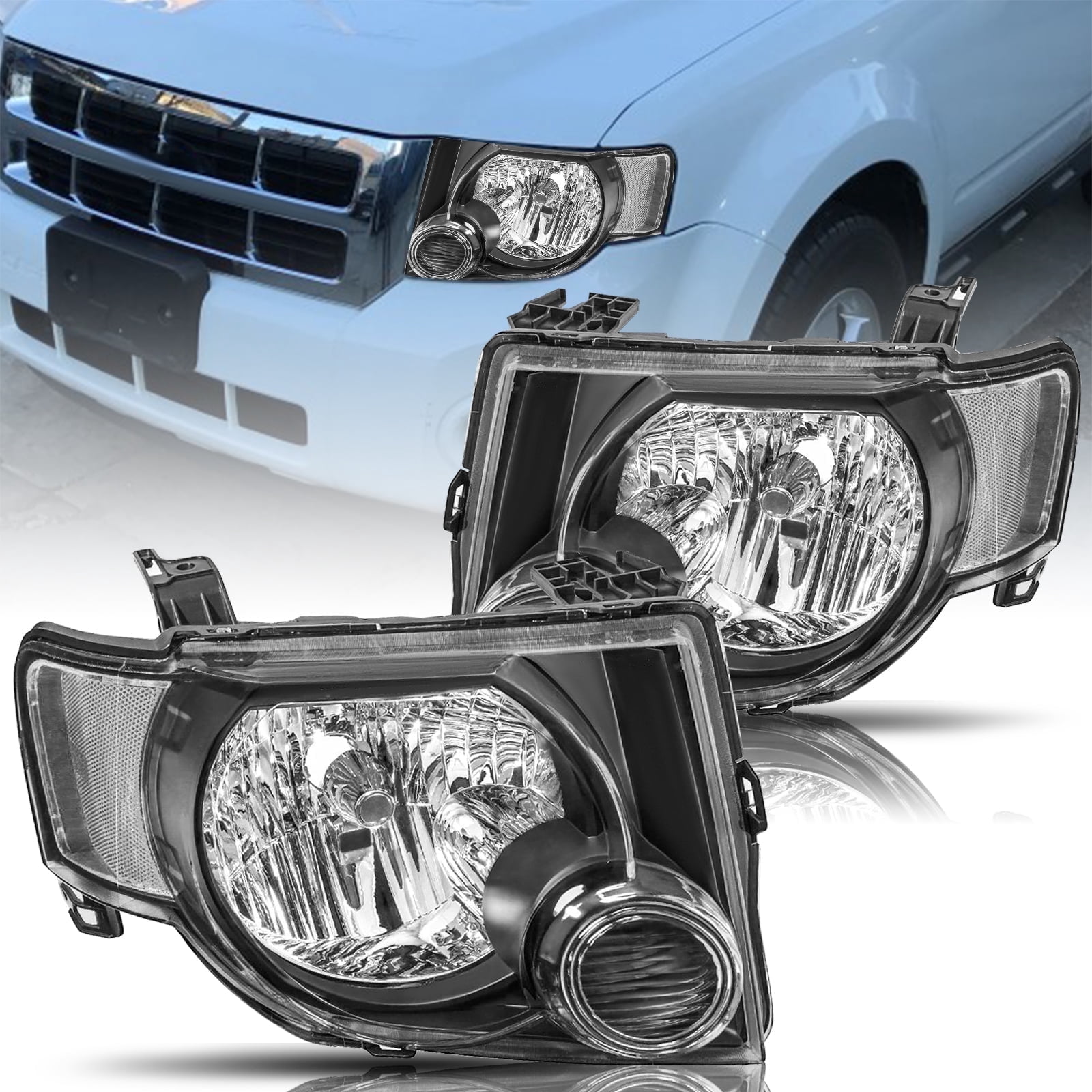 For 2008 2009 2010 2011 2012 Ford Escape SUV Black Headlights Headlamps Pair
