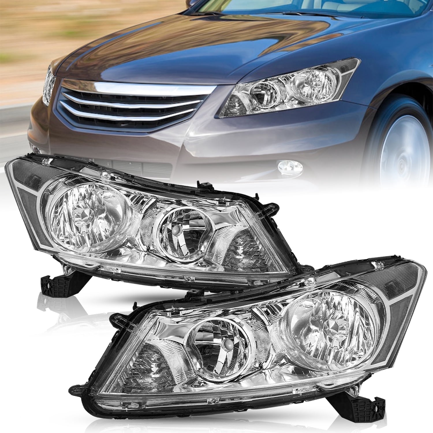 BRYGHT Chrome Clear Headlights Fits 2008-2012 Honda Accord 4-Door Sedan