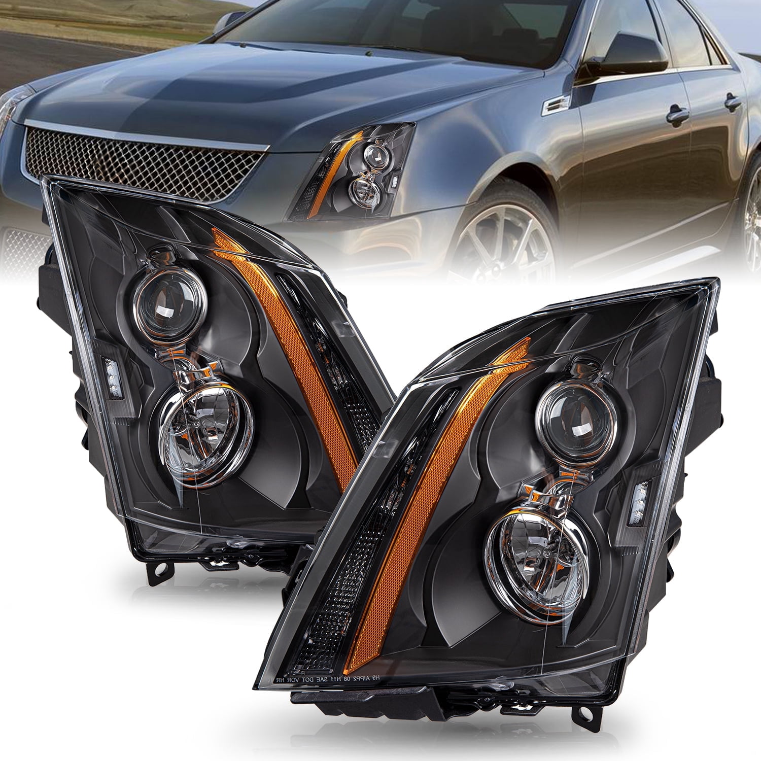 For 2008-2014 Cadillac CTS CT-S Black Halogen Headlights Lamps LH+RH w/BULBS